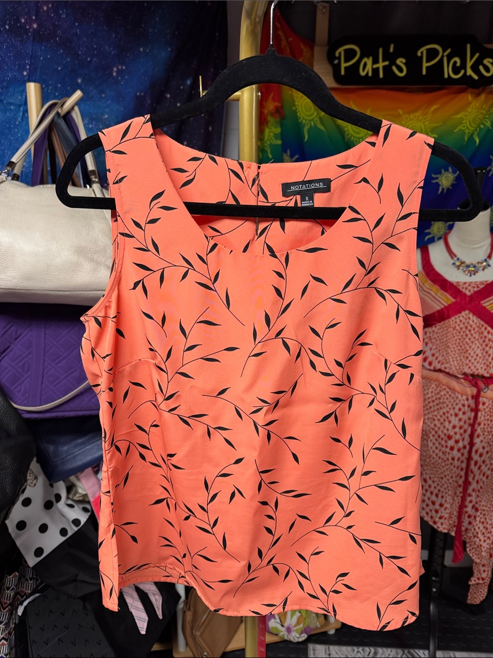 Notations Coral Sleeveless V-Neck Tank with Black Leaf Pattern